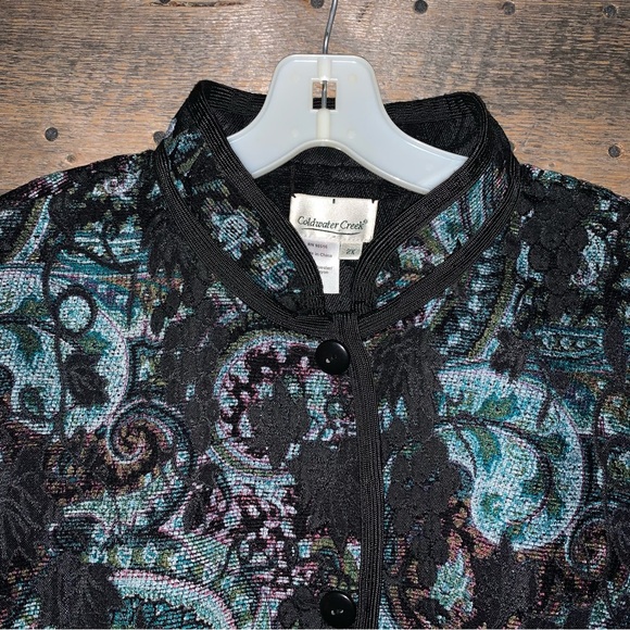 Women’s 2X COLDWATER CREEK Black Reversible Grapes Vines to Paisley Button Coat - Picture 11 of 16